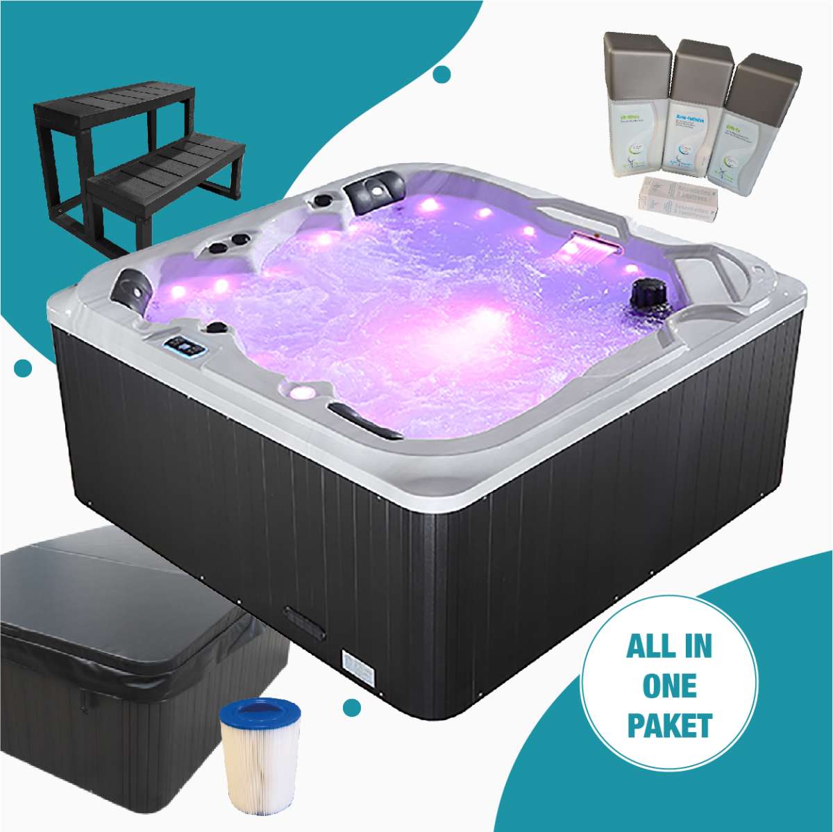 Paket Outdoor Whirlpool Orlando Premium inkl. Abdeckung, Treppe & Pflegeset