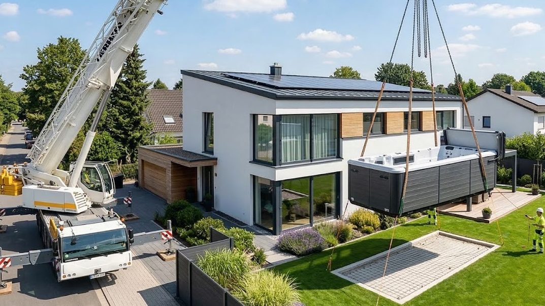 Sichere Anlieferung eines Swim Spas mit einem großen Autokran über das Hausdach in den fertigen Garten
