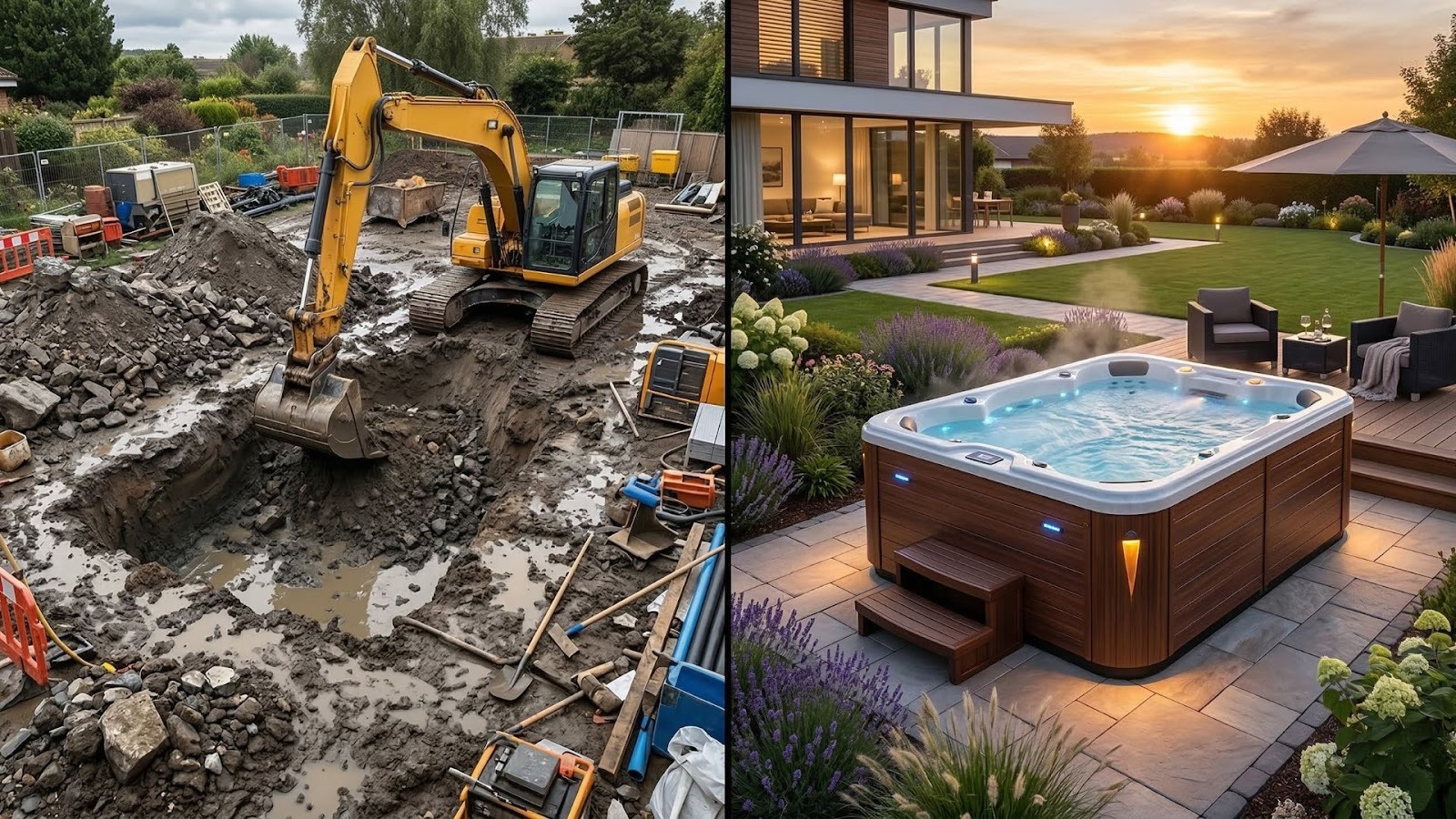 Vergleich: Baustellenchaos beim klassischen Poolbau versus eleganter, freistehender Swim Spa im fertigen Garten